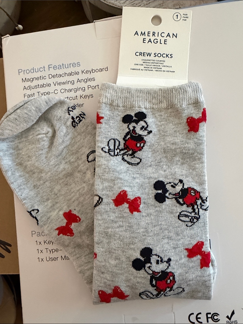 American Eagle Outfitters Gray Mickey Mouse Crew Socks with Red Accents